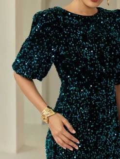 Online Velour Sequin Puff Sleeve Sparkly Elegant Maxi Dress Women Cocktail Dress