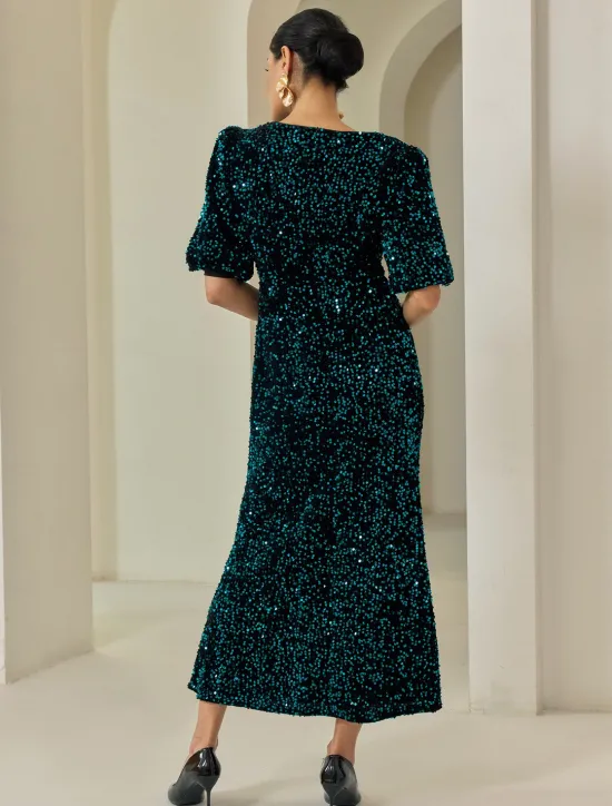 Online Velour Sequin Puff Sleeve Sparkly Elegant Maxi Dress Women Cocktail Dress