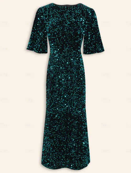 Online Velour Sequin Puff Sleeve Sparkly Elegant Maxi Dress Women Cocktail Dress