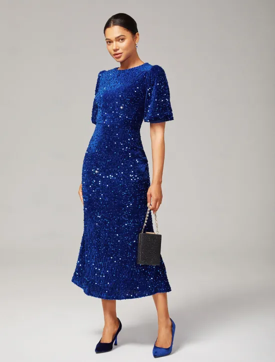 Online Velour Sequin Puff Sleeve Sparkly Elegant Maxi Dress Women Cocktail Dress