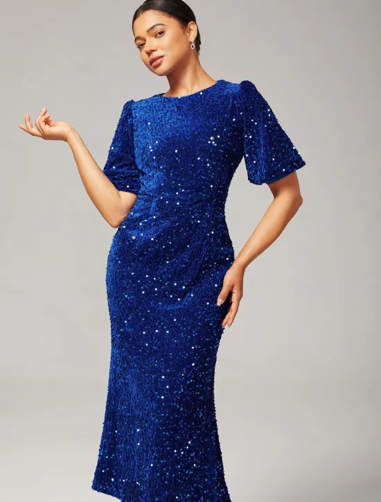 Online Velour Sequin Puff Sleeve Sparkly Elegant Maxi Dress Women Cocktail Dress