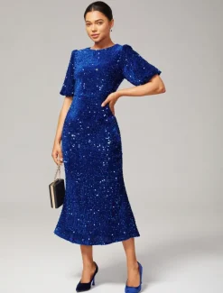 Online Velour Sequin Puff Sleeve Sparkly Elegant Maxi Dress Women Cocktail Dress