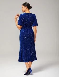 Online Velour Sequin Puff Sleeve Sparkly Elegant Maxi Dress Women Cocktail Dress