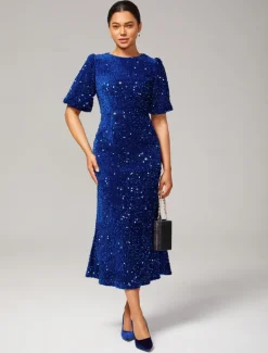 Online Velour Sequin Puff Sleeve Sparkly Elegant Maxi Dress Women Cocktail Dress