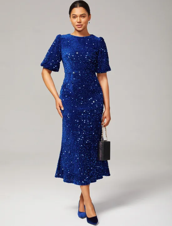 Online Velour Sequin Puff Sleeve Sparkly Elegant Maxi Dress Women Cocktail Dress