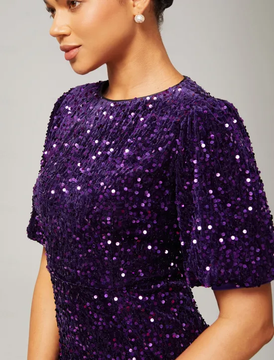 Online Velour Sequin Puff Sleeve Sparkly Elegant Maxi Dress Women Cocktail Dress