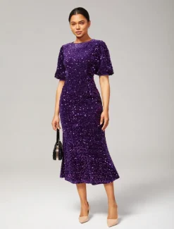 Online Velour Sequin Puff Sleeve Sparkly Elegant Maxi Dress Women Cocktail Dress