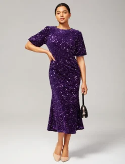 Online Velour Sequin Puff Sleeve Sparkly Elegant Maxi Dress Women Cocktail Dress
