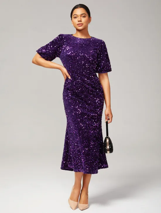 Online Velour Sequin Puff Sleeve Sparkly Elegant Maxi Dress Women Cocktail Dress