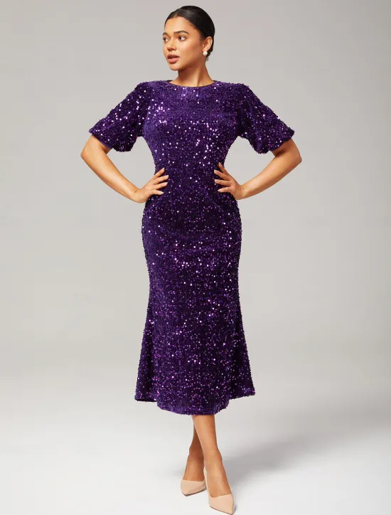 Online Velour Sequin Puff Sleeve Sparkly Elegant Maxi Dress Women Cocktail Dress