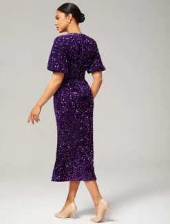 Online Velour Sequin Puff Sleeve Sparkly Elegant Maxi Dress Women Cocktail Dress