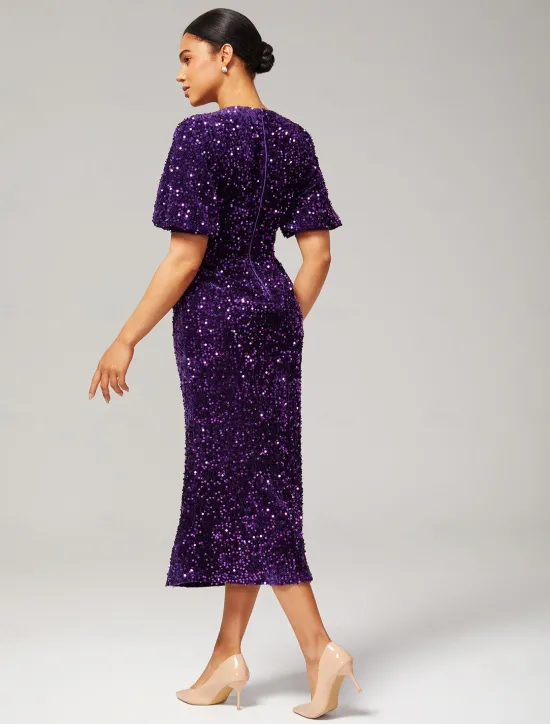 Online Velour Sequin Puff Sleeve Sparkly Elegant Maxi Dress Women Cocktail Dress