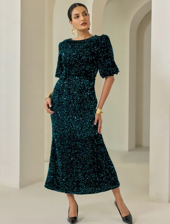 Online Velour Sequin Puff Sleeve Sparkly Elegant Maxi Dress Women Cocktail Dress