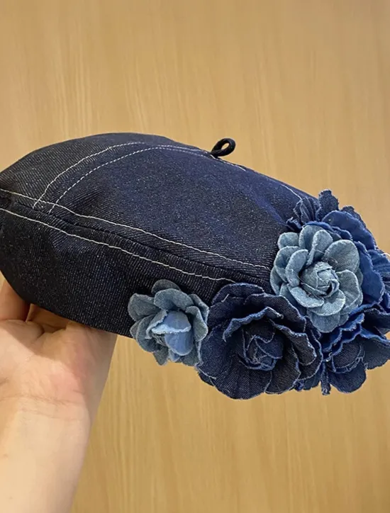 Online Vintage Flower Decor Beret Cap For Women Blue Denim Washed Berets Lightweight Octagonal Hat Classic Painter Hats Women Hats