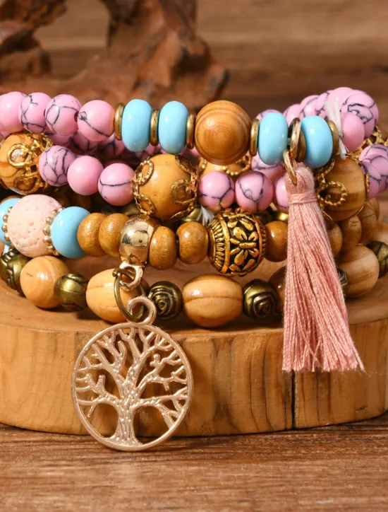 Vintage Style Ball Fashion Personalized Wood Bracelet Jewelry Black / White / Pink For Holiday Women Accessories
