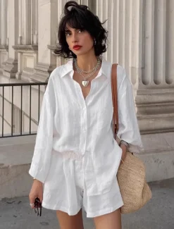 Outlet Women 100% Cotton Elegant Vacation Vintage Shorts Sets Long Sleeve Shirt Collar Plain Vacation Casual Daily Summer Women Sets|Two Piece Sets