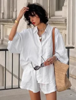 Outlet Women 100% Cotton Elegant Vacation Vintage Shorts Sets Long Sleeve Shirt Collar Plain Vacation Casual Daily Summer Women Sets|Two Piece Sets