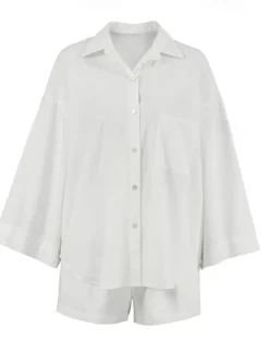 Outlet Women 100% Cotton Elegant Vacation Vintage Shorts Sets Long Sleeve Shirt Collar Plain Vacation Casual Daily Summer Women Sets|Two Piece Sets