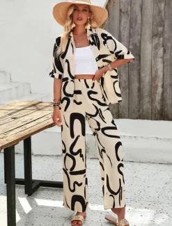 Discount Women EU / US Size2 Pieces SetsFashion Daily Bolero Top Wide Leg Short Sleeve Shirt Collar Geometric Color Block Leaves Print Casual Daily Weekend Black Yellow Blue Spring & Summer Loose Fit Women Two Piece Sets