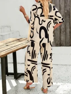 Discount Women EU / US Size2 Pieces SetsFashion Daily Bolero Top Wide Leg Short Sleeve Shirt Collar Geometric Color Block Leaves Print Casual Daily Weekend Black Yellow Blue Spring & Summer Loose Fit Women Two Piece Sets