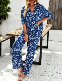 Discount Women EU / US Size2 Pieces SetsFashion Daily Bolero Top Wide Leg Short Sleeve Shirt Collar Geometric Color Block Leaves Print Casual Daily Weekend Black Yellow Blue Spring & Summer Loose Fit Women Two Piece Sets