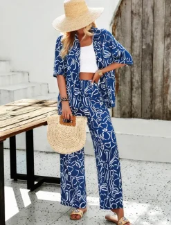 Discount Women EU / US Size2 Pieces SetsFashion Daily Bolero Top Wide Leg Short Sleeve Shirt Collar Geometric Color Block Leaves Print Casual Daily Weekend Black Yellow Blue Spring & Summer Loose Fit Women Two Piece Sets