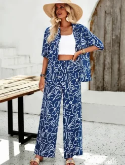 Discount Women EU / US Size2 Pieces SetsFashion Daily Bolero Top Wide Leg Short Sleeve Shirt Collar Geometric Color Block Leaves Print Casual Daily Weekend Black Yellow Blue Spring & Summer Loose Fit Women Two Piece Sets