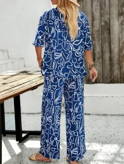 Discount Women EU / US Size2 Pieces SetsFashion Daily Bolero Top Wide Leg Short Sleeve Shirt Collar Geometric Color Block Leaves Print Casual Daily Weekend Black Yellow Blue Spring & Summer Loose Fit Women Two Piece Sets
