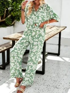 Discount Women EU / US Size2 Pieces SetsFashion Daily Bolero Top Wide Leg Short Sleeve Shirt Collar Geometric Color Block Leaves Print Casual Daily Weekend Black Yellow Blue Spring & Summer Loose Fit Women Two Piece Sets