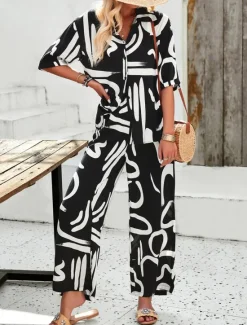 Discount Women EU / US Size2 Pieces SetsFashion Daily Bolero Top Wide Leg Short Sleeve Shirt Collar Geometric Color Block Leaves Print Casual Daily Weekend Black Yellow Blue Spring & Summer Loose Fit Women Two Piece Sets