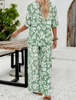 Discount Women EU / US Size2 Pieces SetsFashion Daily Bolero Top Wide Leg Short Sleeve Shirt Collar Geometric Color Block Leaves Print Casual Daily Weekend Black Yellow Blue Spring & Summer Loose Fit Women Two Piece Sets