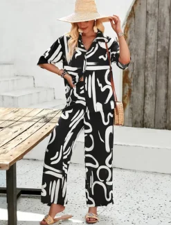Discount Women EU / US Size2 Pieces SetsFashion Daily Bolero Top Wide Leg Short Sleeve Shirt Collar Geometric Color Block Leaves Print Casual Daily Weekend Black Yellow Blue Spring & Summer Loose Fit Women Two Piece Sets