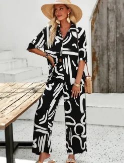 Discount Women EU / US Size2 Pieces SetsFashion Daily Bolero Top Wide Leg Short Sleeve Shirt Collar Geometric Color Block Leaves Print Casual Daily Weekend Black Yellow Blue Spring & Summer Loose Fit Women Two Piece Sets