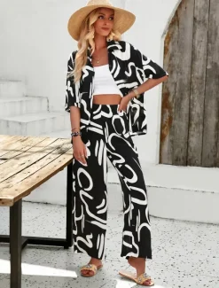 Discount Women EU / US Size2 Pieces SetsFashion Daily Bolero Top Wide Leg Short Sleeve Shirt Collar Geometric Color Block Leaves Print Casual Daily Weekend Black Yellow Blue Spring & Summer Loose Fit Women Two Piece Sets