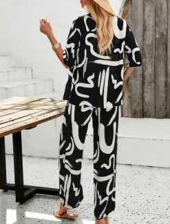 Discount Women EU / US Size2 Pieces SetsFashion Daily Bolero Top Wide Leg Short Sleeve Shirt Collar Geometric Color Block Leaves Print Casual Daily Weekend Black Yellow Blue Spring & Summer Loose Fit Women Two Piece Sets
