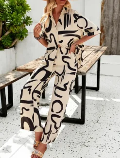 Discount Women EU / US Size2 Pieces SetsFashion Daily Bolero Top Wide Leg Short Sleeve Shirt Collar Geometric Color Block Leaves Print Casual Daily Weekend Black Yellow Blue Spring & Summer Loose Fit Women Two Piece Sets