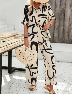 Discount Women EU / US Size2 Pieces SetsFashion Daily Bolero Top Wide Leg Short Sleeve Shirt Collar Geometric Color Block Leaves Print Casual Daily Weekend Black Yellow Blue Spring & Summer Loose Fit Women Two Piece Sets