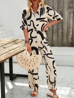 Discount Women EU / US Size2 Pieces SetsFashion Daily Bolero Top Wide Leg Short Sleeve Shirt Collar Geometric Color Block Leaves Print Casual Daily Weekend Black Yellow Blue Spring & Summer Loose Fit Women Two Piece Sets