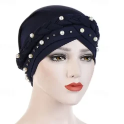 Hot Women Fashion Pearls Muslim Scarf Hijabs Hat Women India Hat Solid Turban Hat Wrap Cap Head Scarf Headscarf Hat Female Hair Accessories Women Hats