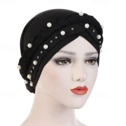 Hot Women Fashion Pearls Muslim Scarf Hijabs Hat Women India Hat Solid Turban Hat Wrap Cap Head Scarf Headscarf Hat Female Hair Accessories Women Hats