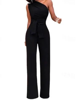 Outlet Women Party Jumpsuit Backless Lace up Solid Color One Shoulder Elegant Party Street Regular Fit Sleeveless Green Blue White S M L Spring Women Jumpsuits