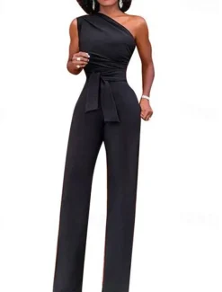 Outlet Women Party Jumpsuit Backless Lace up Solid Color One Shoulder Elegant Party Street Regular Fit Sleeveless Green Blue White S M L Spring Women Jumpsuits