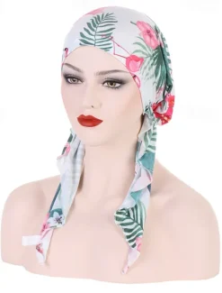 Clearance Women Printed Pre-tie Headscarf Elastic Muslim Female Turban Soft Hat Hair Loss Cover Head Wrap Headwear Stretch Bandana Women Hats