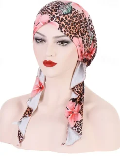 Clearance Women Printed Pre-tie Headscarf Elastic Muslim Female Turban Soft Hat Hair Loss Cover Head Wrap Headwear Stretch Bandana Women Hats