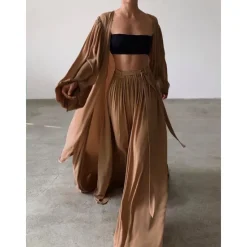 Hot Women Sexy Boho Shirt Cotton Linen Sets Two Piece Sets Long Sleeve Puff Sleeve Plain Going out Beach Black White Camel Fall & Winter Loose Fit Women Sets