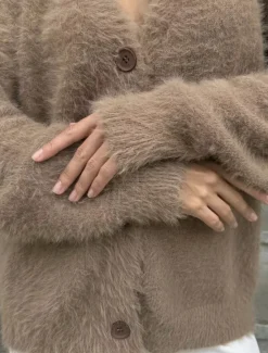 Women's Knit Fuzzy Oversized Cardigan V Neck Cardigan Fall Winter Work Elegant Streetwear Daily Long Sleeve Solid Color Brown Light Grey Women Cardigans & Outerwears