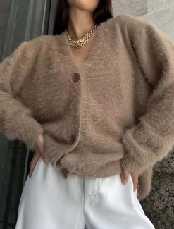 Women's Knit Fuzzy Oversized Cardigan V Neck Cardigan Fall Winter Work Elegant Streetwear Daily Long Sleeve Solid Color Brown Light Grey Women Cardigans & Outerwears