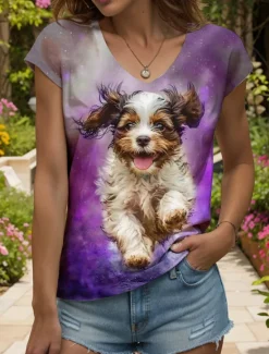 Women's Animal Dog Camisole Tank Top Vintage Stylish Modern Sleeveless Short Sleeve V Neck Regular Tops Daily Print Yellow Pink Purple Summer Spring Women Tank Tops & Camis