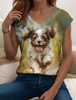 Women's Animal Dog Camisole Tank Top Vintage Stylish Modern Sleeveless Short Sleeve V Neck Regular Tops Daily Print Yellow Pink Purple Summer Spring Women Tank Tops & Camis