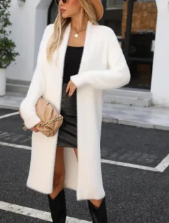 Online Women's Cardigan Open Fuzzy Front Knit Knitted Fall Winter Work Elegant Fashion Daily Long Sleeve Solid Color White Khaki Women Cardigans & Outerwears